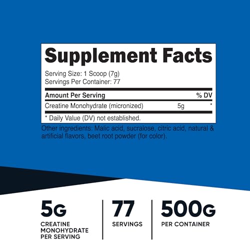Nutricost Creatine Monohydrate Micronized Powder 500G, 5000mg Per Serv (5g) - Micronized Creatine Monohydrate, 100 Servings, 17.9 Oz