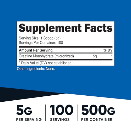 Nutricost Creatine Monohydrate Micronized Powder 500G, 5000mg Per Serv (5g) - Micronized Creatine Monohydrate, 100 Servings, 17.9 Oz