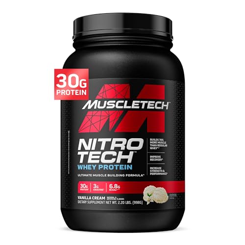 Muscletech Whey Protein Powder (Strawberry, 4 Pound) - Nitro-Tech Muscle Building Formula with Whey Protein Isolate & Peptides - 30g of Protein, 3g of Creatine & 6.6g of BCAA