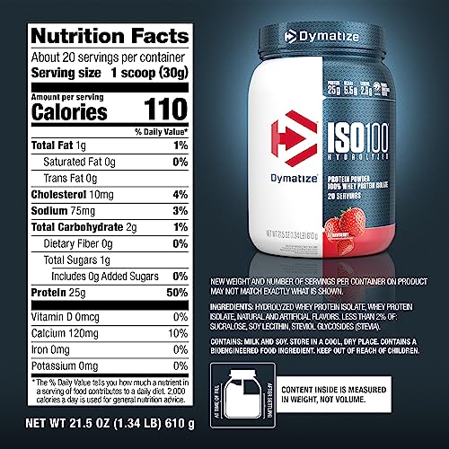 Dymatize ISO100 Hydrolyzed Protein Powder, 100% Whey Isolate, 25g of Protein, 5.5g BCAAs, Gluten Free, Fast Absorbing, Easy Digesting, Gourmet Vanilla, 20 Servings