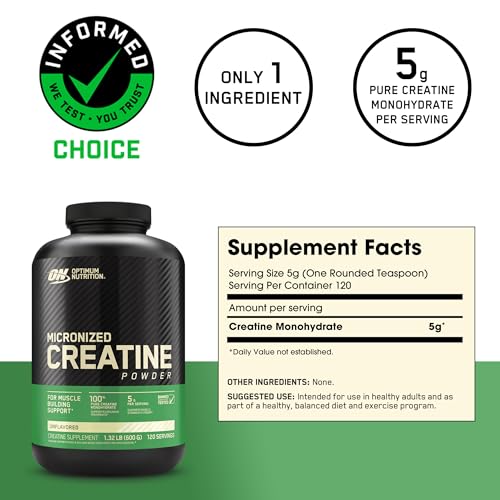 Optimum Nutrition Micronized Creatine Monohydrate Powder, Unflavored, Keto Friendly, 60 Servings (Packaging May Vary)