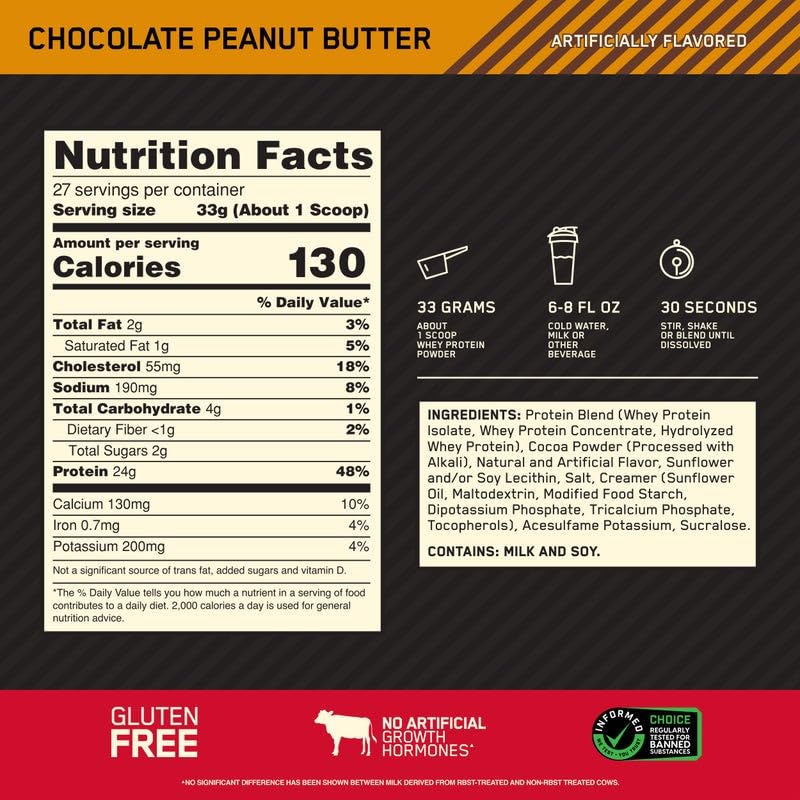 Optimum Nutrition Gold Standard 100% Whey Protein Powder, Chocolate Peanut Butter, 2 Pound (Packaging May Vary)