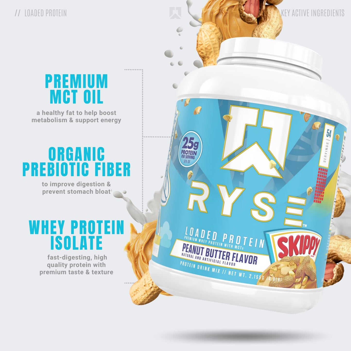 Ryse Loaded Protein Powder | 25g Whey Protein Isolate & Concentrate | with Prebiotic Fiber & MCTs | Low Carbs & Low Sugar | 27 Servings (Peanut Butter Cup)