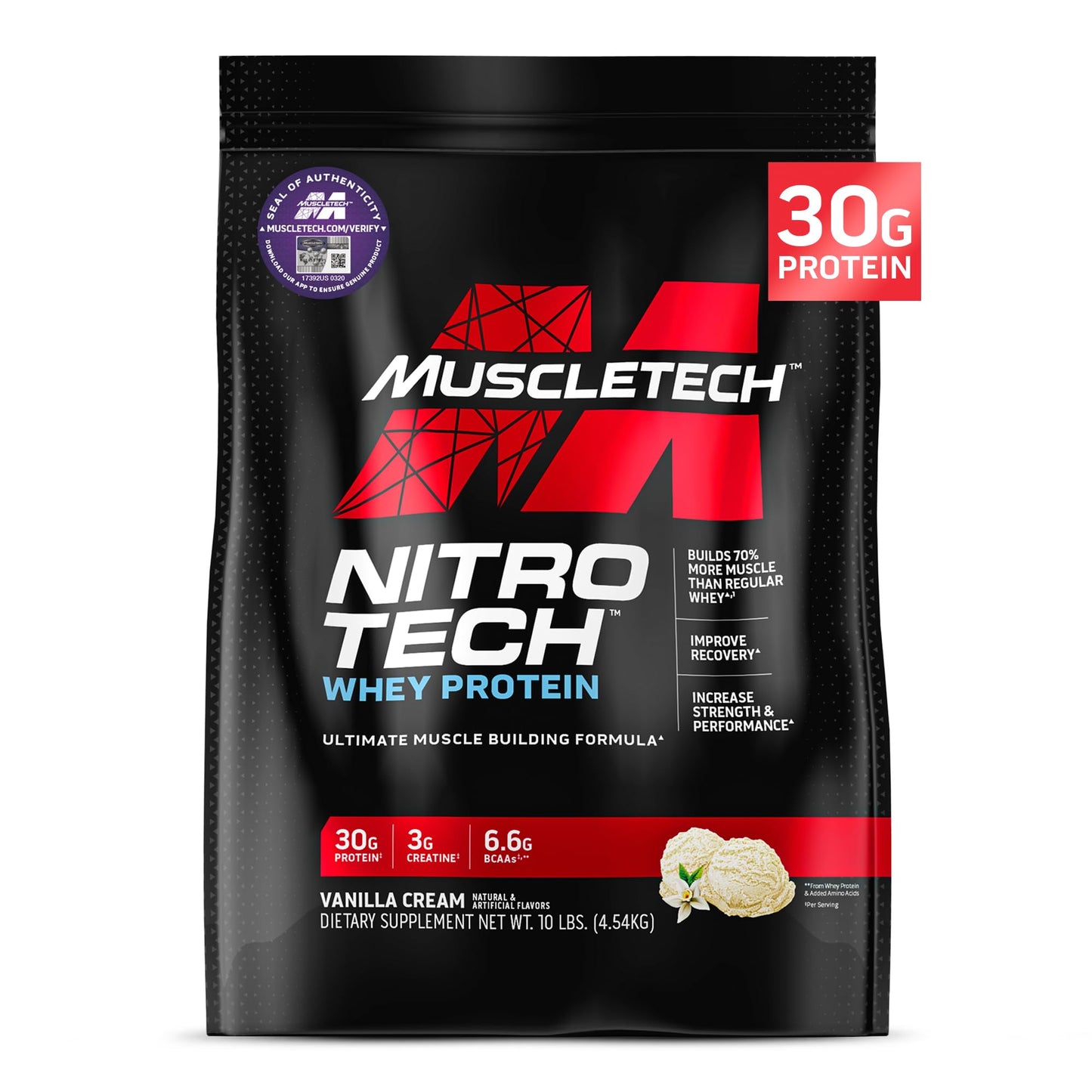 Muscletech Whey Protein Powder (Strawberry, 4 Pound) - Nitro-Tech Muscle Building Formula with Whey Protein Isolate & Peptides - 30g of Protein, 3g of Creatine & 6.6g of BCAA