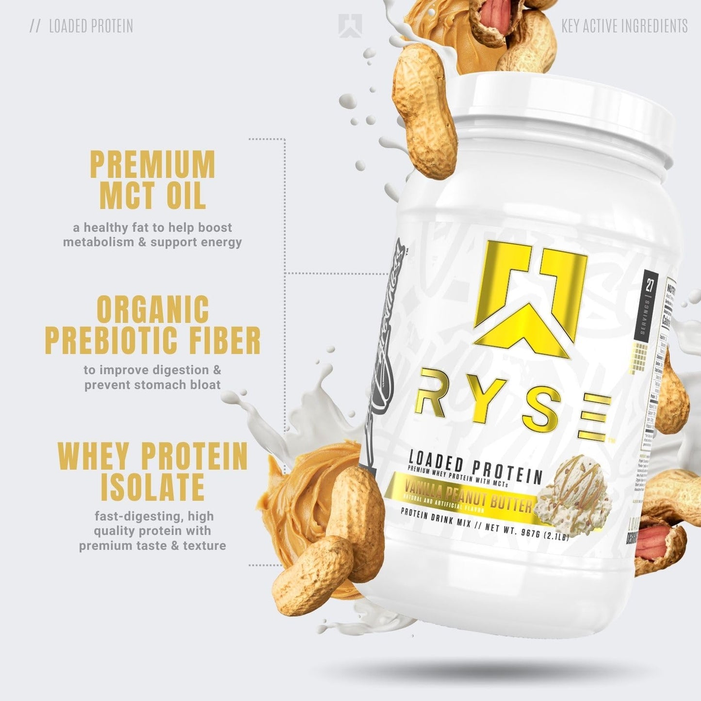 Ryse Loaded Protein Powder | 25g Whey Protein Isolate & Concentrate | with Prebiotic Fiber & MCTs | Low Carbs & Low Sugar | 27 Servings (Peanut Butter Cup)