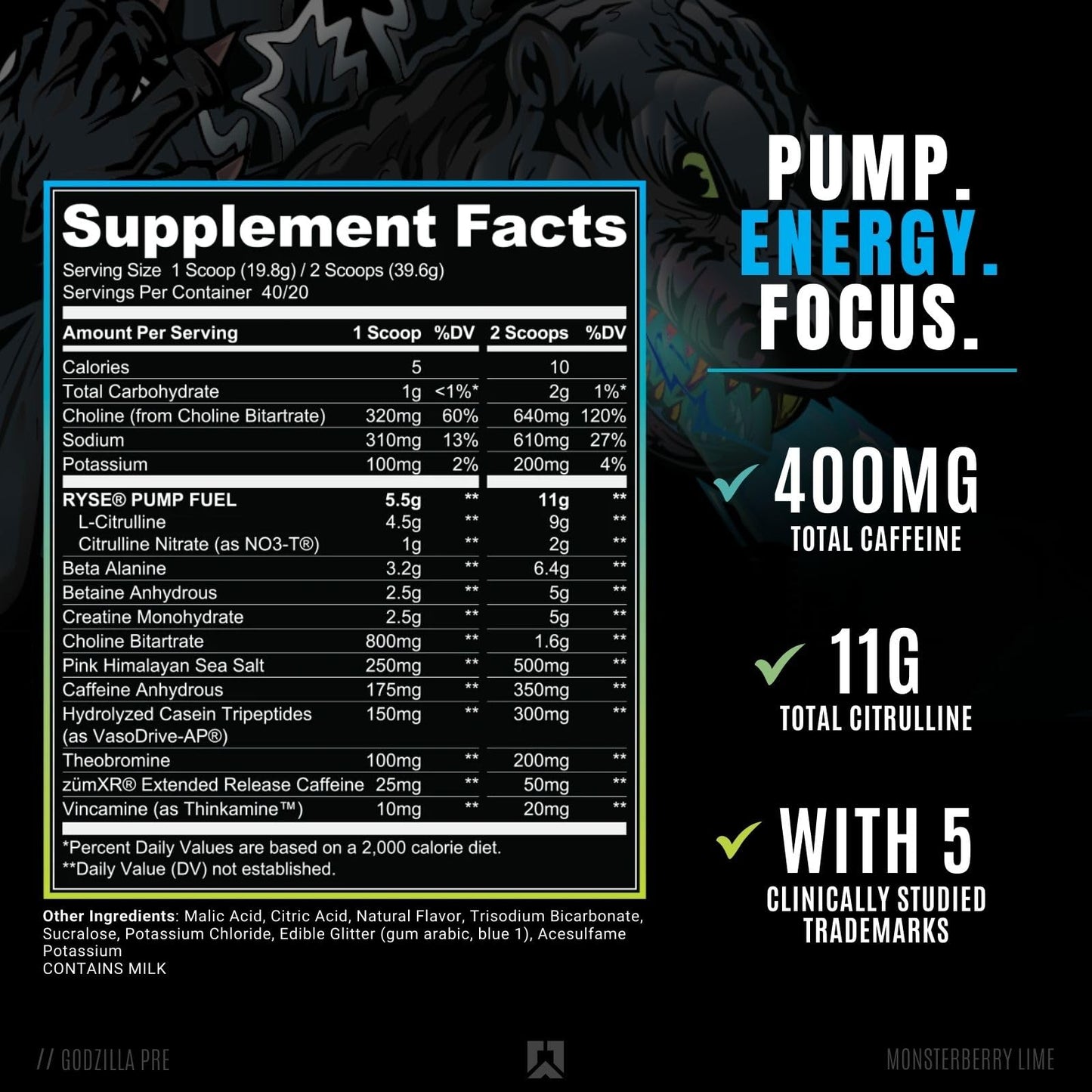 RYSE Up Supplements Noel Deyzel Pre Workout | Intense Pumps, Energy, & Focus | Citrulline & Beta Alanine | 400mg Total Caffeine | 40 Servings (Monsterberry Lime)