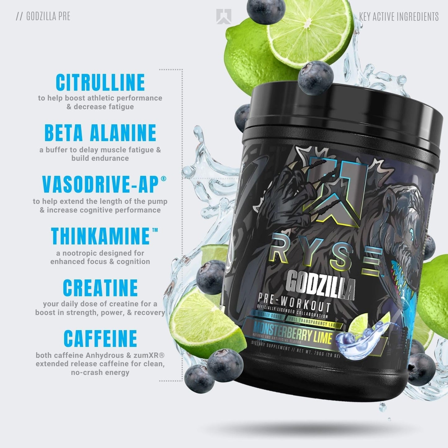 RYSE Up Supplements Noel Deyzel Pre Workout | Intense Pumps, Energy, & Focus | Citrulline & Beta Alanine | 400mg Total Caffeine | 40 Servings (Monsterberry Lime)