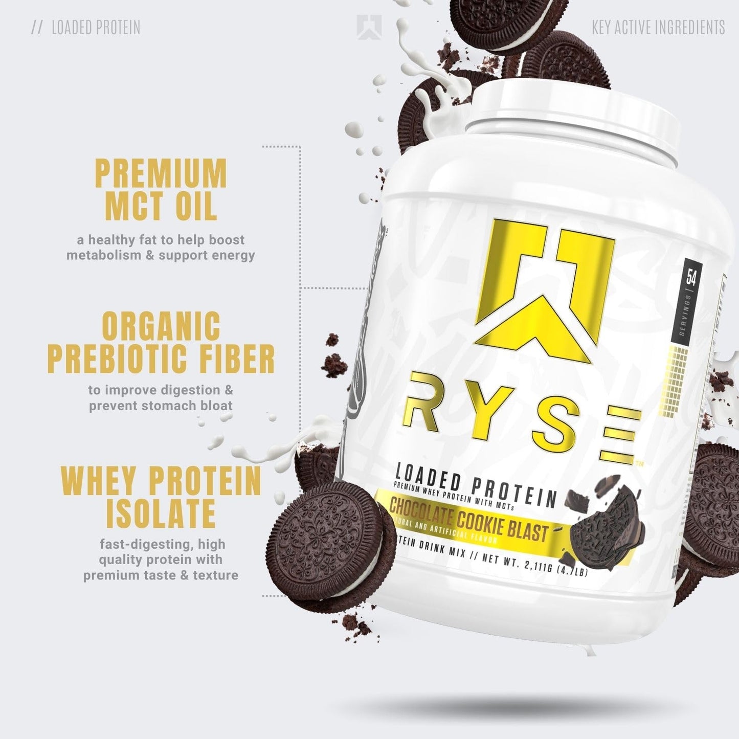 Ryse Loaded Protein Powder | 25g Whey Protein Isolate & Concentrate | with Prebiotic Fiber & MCTs | Low Carbs & Low Sugar | 27 Servings (Peanut Butter Cup)