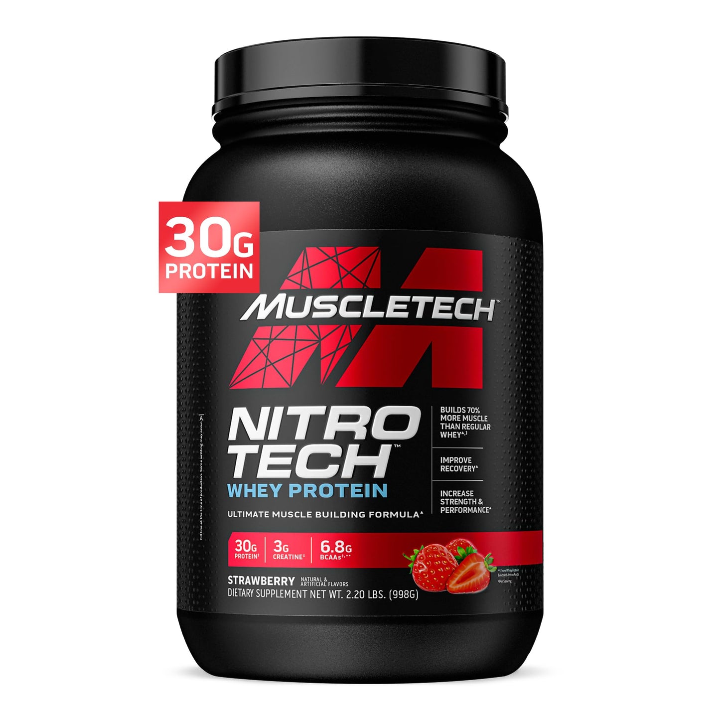 Muscletech Whey Protein Powder (Strawberry, 4 Pound) - Nitro-Tech Muscle Building Formula with Whey Protein Isolate & Peptides - 30g of Protein, 3g of Creatine & 6.6g of BCAA