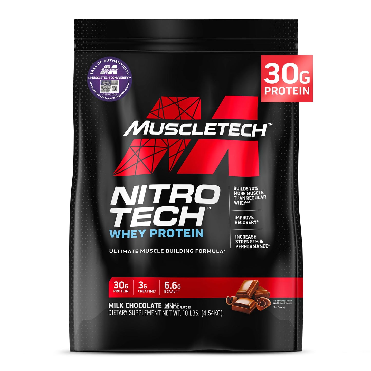 Muscletech Whey Protein Powder (Strawberry, 4 Pound) - Nitro-Tech Muscle Building Formula with Whey Protein Isolate & Peptides - 30g of Protein, 3g of Creatine & 6.6g of BCAA