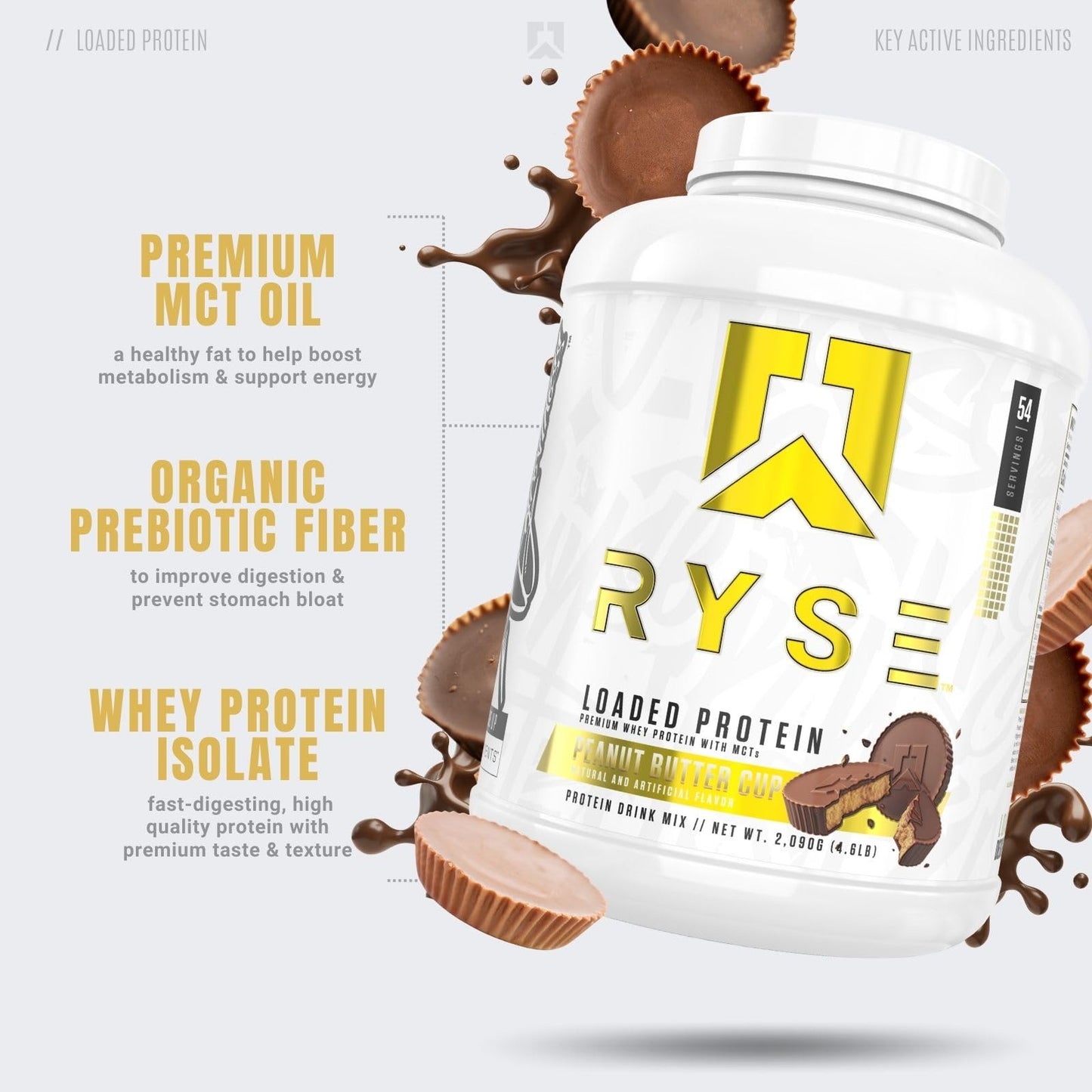 Ryse Loaded Protein Powder | 25g Whey Protein Isolate & Concentrate | with Prebiotic Fiber & MCTs | Low Carbs & Low Sugar | 27 Servings (Peanut Butter Cup)