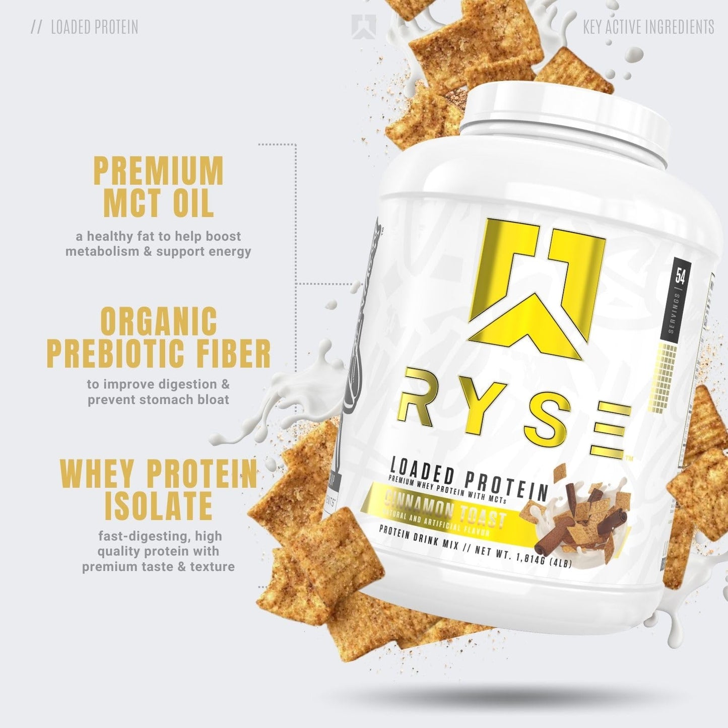 Ryse Loaded Protein Powder | 25g Whey Protein Isolate & Concentrate | with Prebiotic Fiber & MCTs | Low Carbs & Low Sugar | 27 Servings (Peanut Butter Cup)