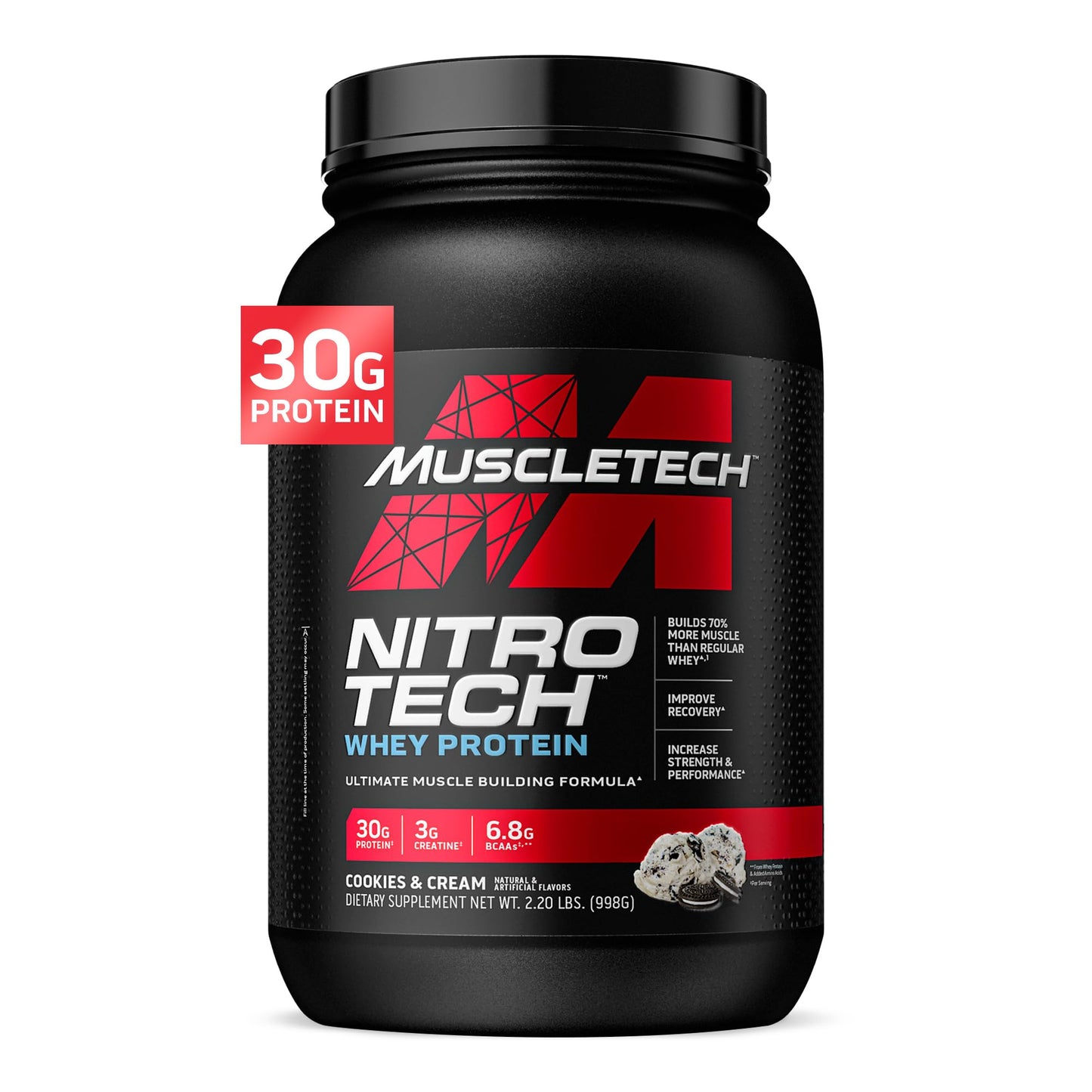 Muscletech Whey Protein Powder (Strawberry, 4 Pound) - Nitro-Tech Muscle Building Formula with Whey Protein Isolate & Peptides - 30g of Protein, 3g of Creatine & 6.6g of BCAA