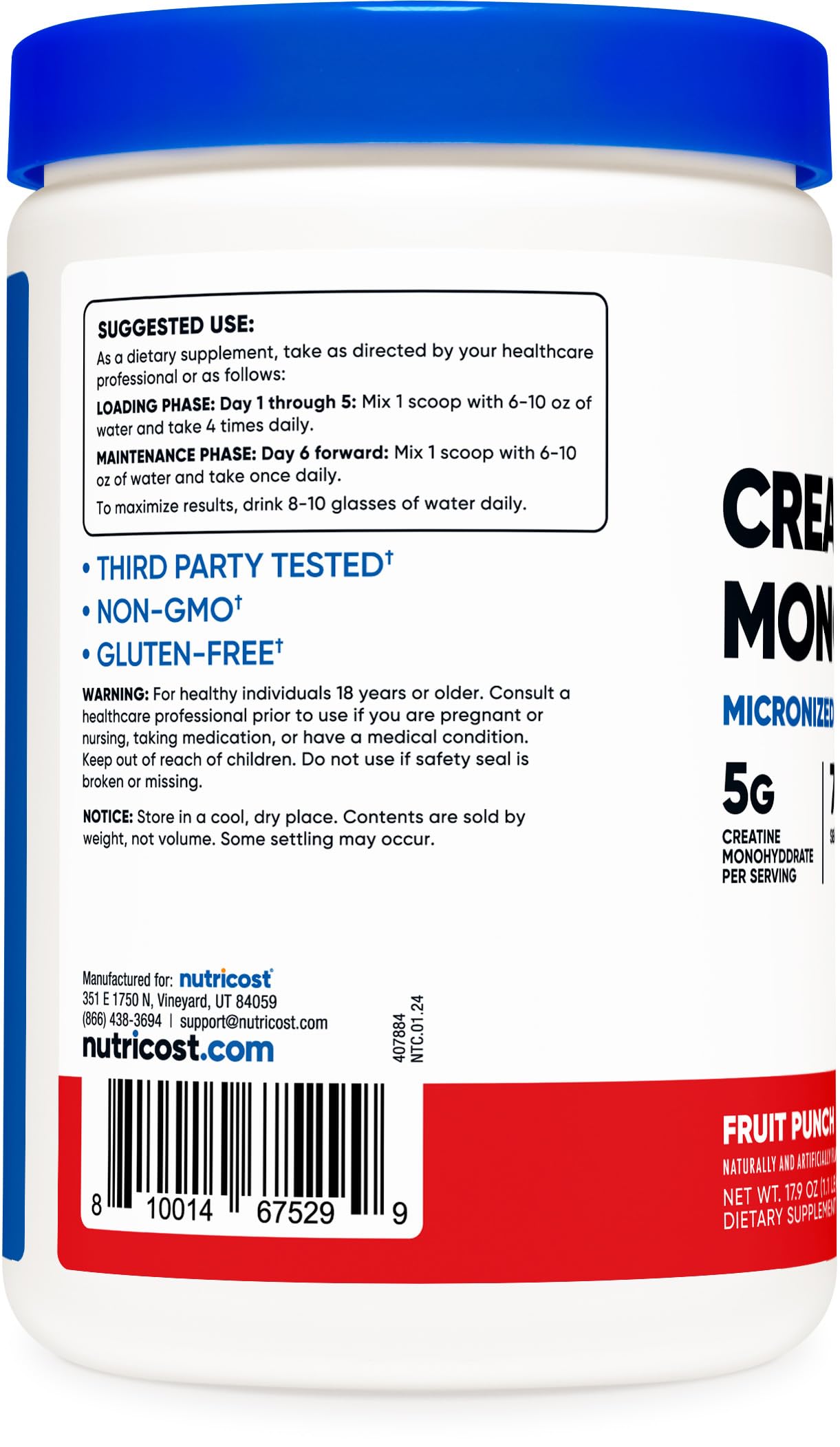 Nutricost Creatine Monohydrate Micronized Powder 500G, 5000mg Per Serv (5g) - Micronized Creatine Monohydrate, 100 Servings, 17.9 Oz