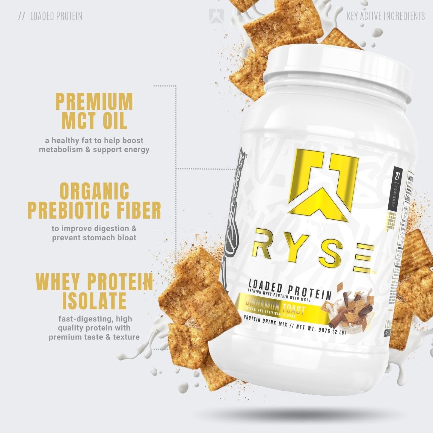 Ryse Loaded Protein Powder | 25g Whey Protein Isolate & Concentrate | with Prebiotic Fiber & MCTs | Low Carbs & Low Sugar | 27 Servings (Peanut Butter Cup)