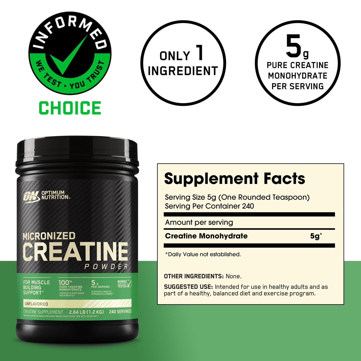 Optimum Nutrition Micronized Creatine Monohydrate Powder, Unflavored, Keto Friendly, 60 Servings (Packaging May Vary)