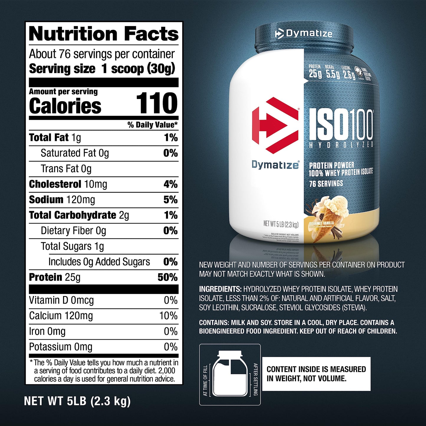 Dymatize ISO100 Hydrolyzed Protein Powder, 100% Whey Isolate, 25g of Protein, 5.5g BCAAs, Gluten Free, Fast Absorbing, Easy Digesting, Gourmet Vanilla, 20 Servings